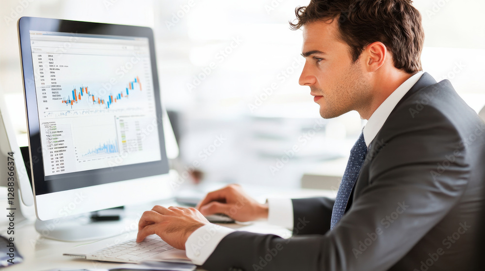 Manager financial analyst with desktop computer in office. Manager financial analyst with desktop computer in office.