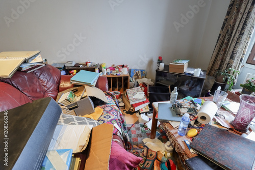 Hoarder's living room is a totally mess. Cleaning up a this kind of home is usually overwhelming. Stuff accumulates when the owner of the apartment don't want to give up anything, even trash. photo
