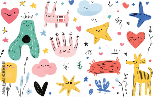 A playful and dreamy doodle-style illustration, showcasing a variety of cute elements such as tiny birds, shooting stars, candy shapes, and happy-faced clouds.