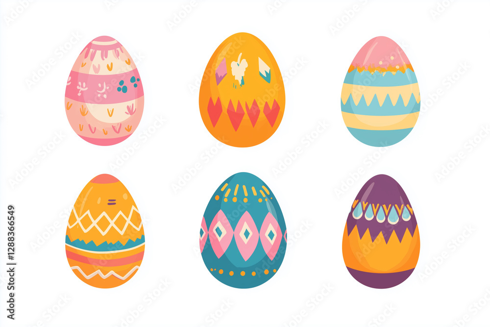 set of colorful Easter eggs with different patterns and designs. The eggs are arranged in a row, with some being larger than others. Scene is cheerful and festive set of colorful Easter eggs with different patterns and designs. The eggs are arranged in a row, with some being larger than others. Scene is cheerful and festive