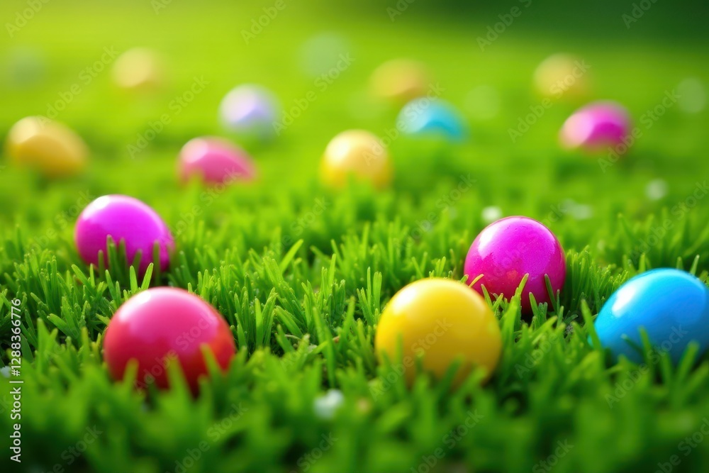 Colorful eggs scattered on lush green grass, sunny day , vibrant colors, easter symbols, Easter eggs Colorful eggs scattered on lush green grass, sunny day , vibrant colors, easter symbols, Easter eggs