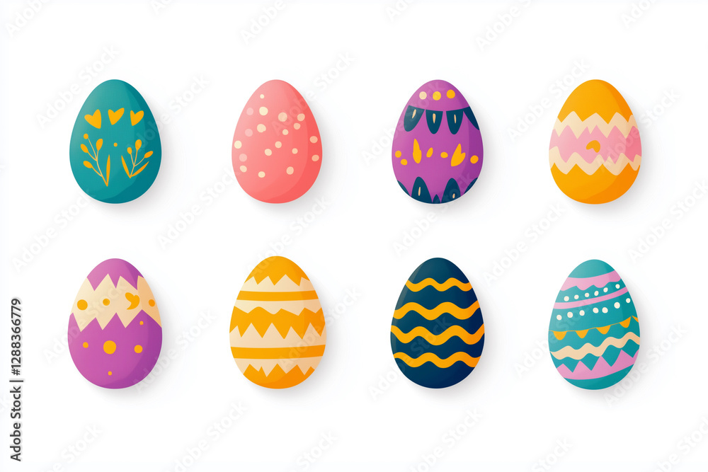 set of colorful painted Easter eggs. The eggs are arranged in a row and are of different sizes and colors. The eggs are decorated with various patterns and designs, including stripes, waves set of colorful painted Easter eggs. The eggs are arranged in a row and are of different sizes and colors. The eggs are decorated with various patterns and designs, including stripes, waves