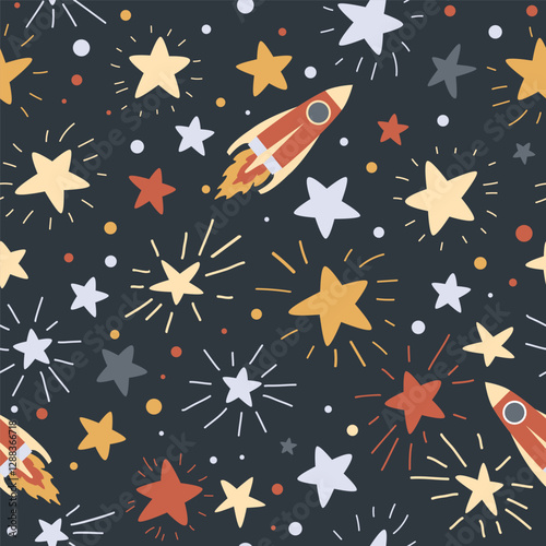 Cartoon rocket flying in the starry sky seamless pattern. Baby vector background.