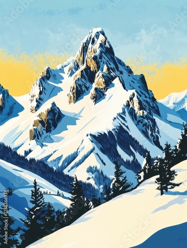 Softly falling snowflakes gently blanket serene mountain peaks, serene, peaceful, frozen
