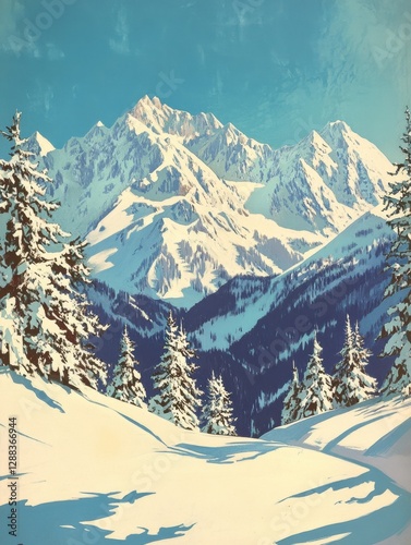 Softly falling snowflakes gently blanket serene mountain peaks, serene, peaceful, frozen
