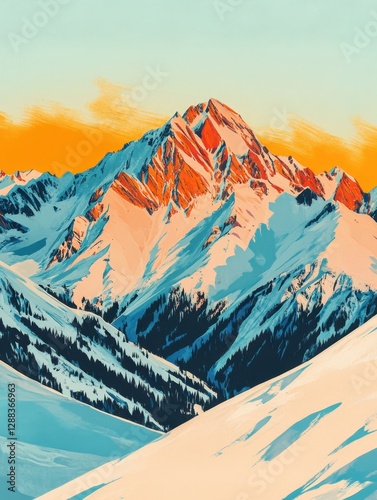 Softly falling snowflakes gently blanket serene mountain peaks, serene, peaceful, frozen
