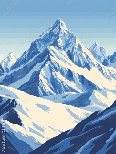 Softly falling snowflakes gently blanket serene mountain peaks, serene, peaceful, frozen
