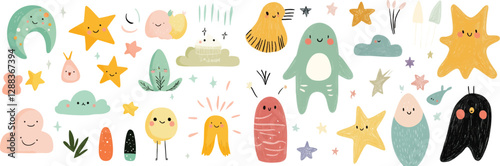 A playful and dreamy doodle-style illustration, showcasing a variety of cute elements such as tiny birds, shooting stars, candy shapes, and happy-faced clouds.