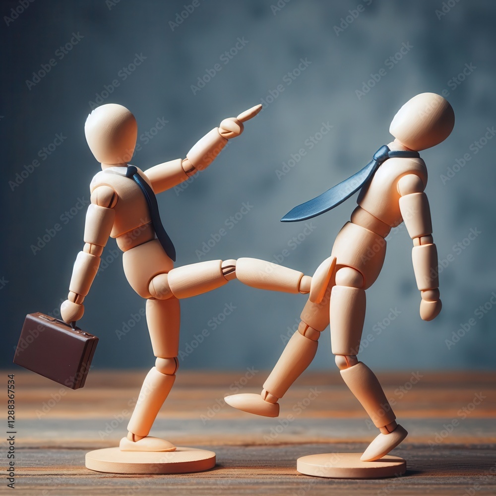Two wooden figurines engage in a humorous confrontation, one delivering a mock kick while holding a briefcase, embodying playful rivalry in an office-like setting