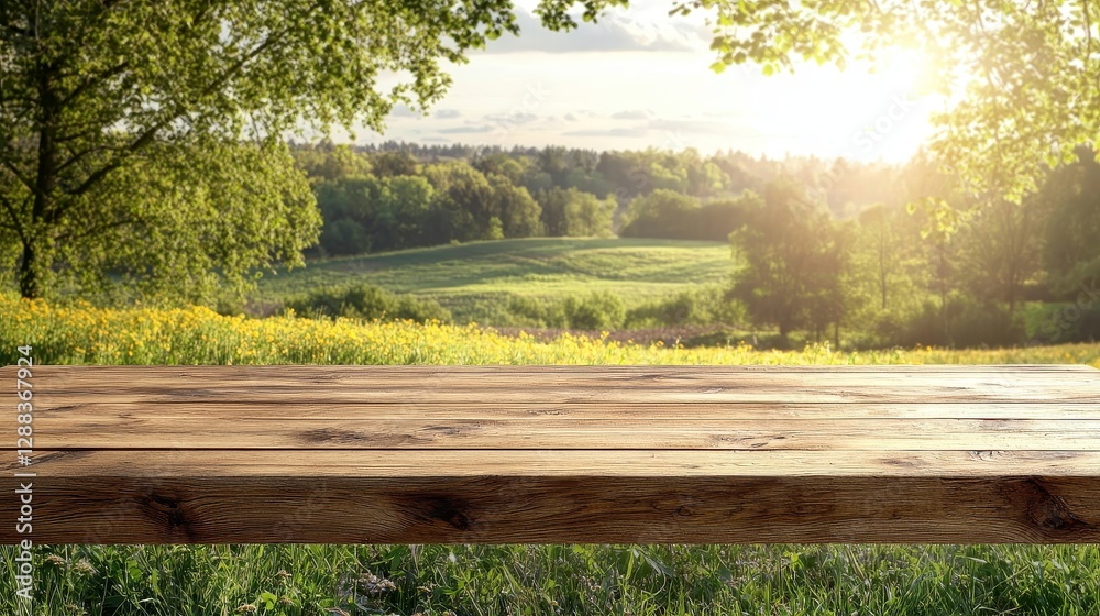 Fototapeta premium Wooden Tabletop with Blurred Green Fields Background, Nature, Rustic, Summer , outdoor, table