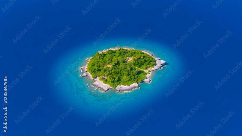 Fototapeta premium Remote Island Surrounded by Calm Blue Waters, with Lush Greenery and Rocky Shores