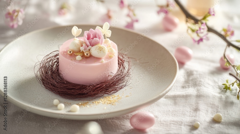 Delicate pastel-hued entremet on a fine dining plate with subtle Easter elements for a spring celebration Delicate pastel-hued entremet on a fine dining plate with subtle Easter elements for a spring celebration