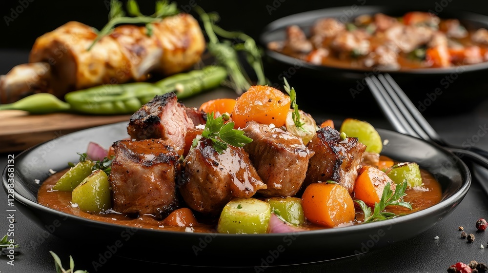 Fototapeta premium Grilled pork belly bbq ribs with roasted vegetables golden sunset food photography outdoor dining culinary delight
