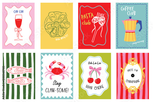 Bright and lively food-themed posters with quotes of hand-drawn illustrations of wine, pasta, cherry, coffee, sardines. Perfect wall décor for kitchens, cafés, and restaurants, t-shirt graphics. photo