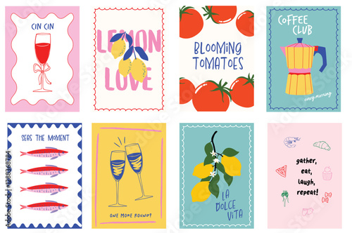Vibrant food themed Posters with hand drawn wine, lemon, coffee, sardine illustrations. Wall decor for kitchen, cafe and restaurants. Food lovers art for T-shirt graphics, posters, banner, wall art. 
