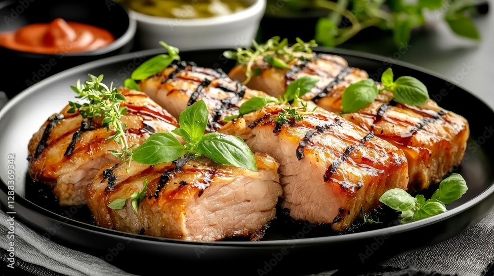Grilled pork belly bbq ribs modern kitchen culinary delight elegant atmosphere close-up savory experience Grilled pork belly bbq ribs modern kitchen culinary delight elegant atmosphere close-up savory experience