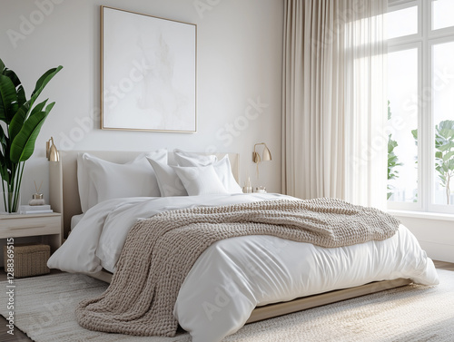 3D-rendered image of a luxurious bedroom with a neutral color palette, featuring a bed with crisp white sheets and a textured throw blanket.