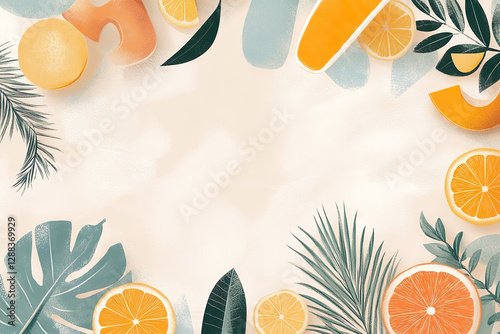 Summer background frame with oranges and green leaves with empty space for text 