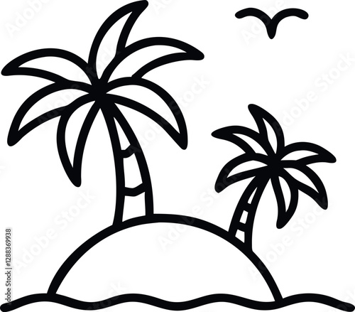  Tropical Island Icon – Minimalist Lined Vector Illustration with Palm Tree