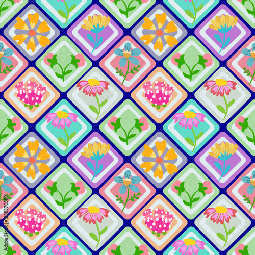 Colorful Geometric Hearts and Flowers Seamless Pattern Design