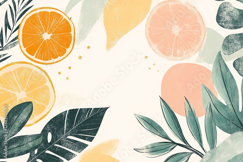 Summer background frame with oranges and green leaves with empty space for text 