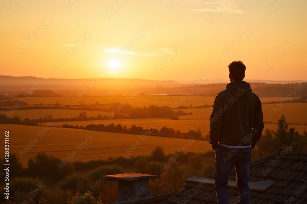 Fototapeta premium A man standing on his rooftop, looking at the sun setting behind the golden fields.