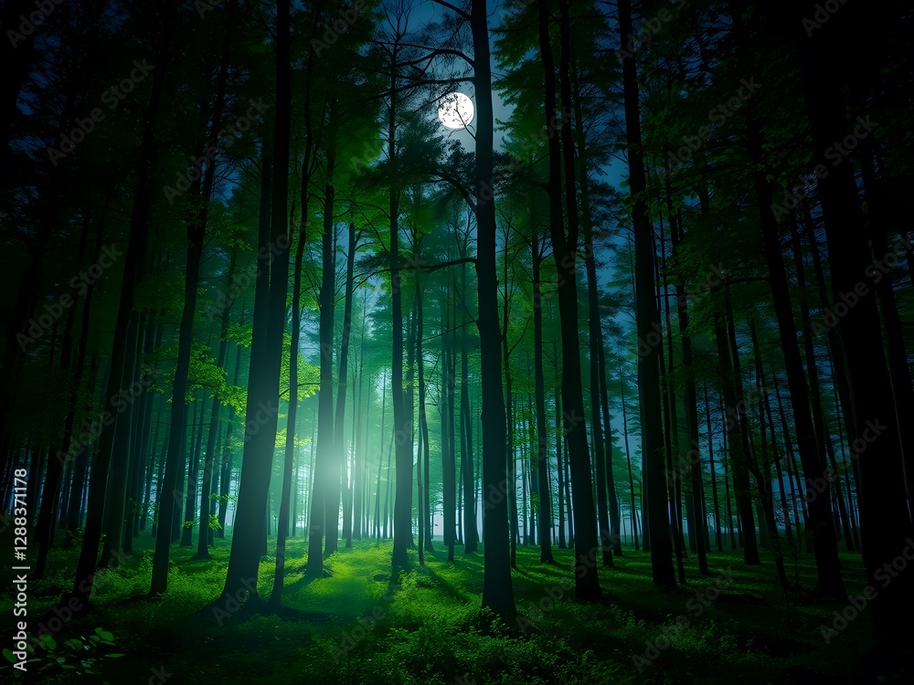Naklejka premium Ethereal Green Forest with Soft Moonlight Shining Through Tall Trees at Night