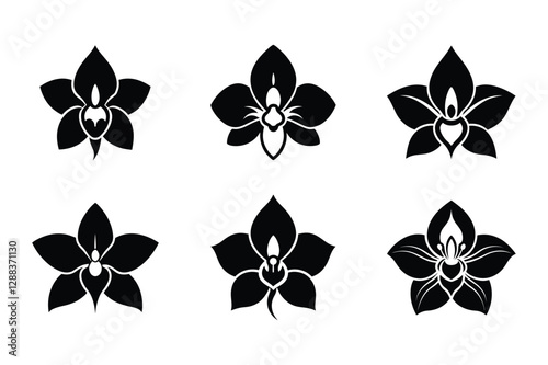 Cattleya Orchid Silhouette Set, Black Tropical Flower Vector Icons