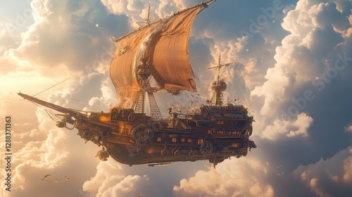 Steampunk airship with massive sails and intricate metallic details floating amidst clouds. The design blends Victorian elegance with industrial technology. Generative AI