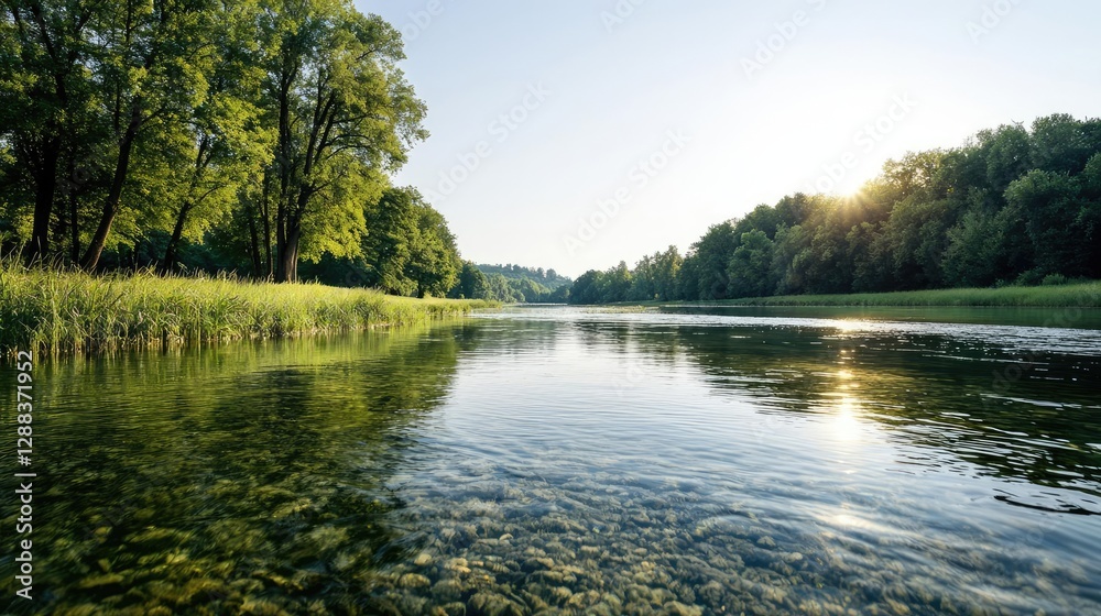 Fototapeta premium Earth day environmental concept. A serene river flows through lush greenery under a clear blue sky.