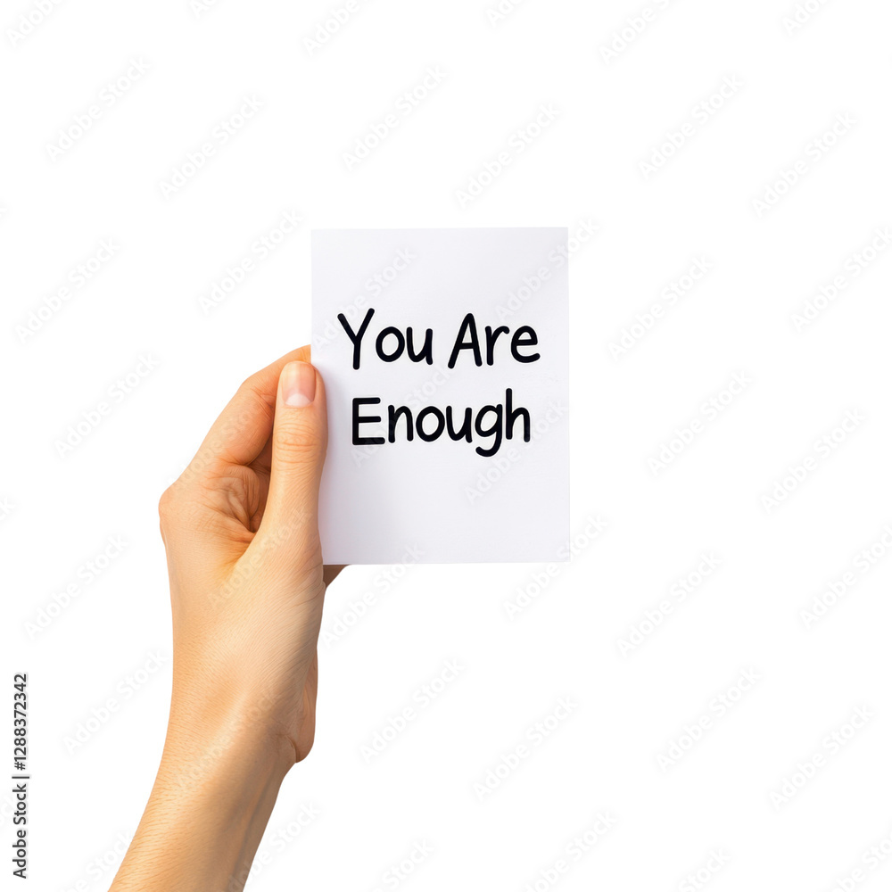 Overcoming anxiety, You Are Enough message on card held by hand, promoting self acceptance and positivity Overcoming anxiety, You Are Enough message on card held by hand, promoting self acceptance and positivity