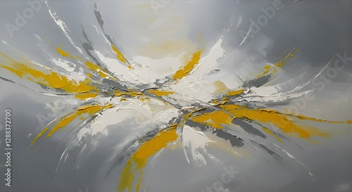 Abstract painting texture with flowing, organic shapes in grey, white, and yellow, background