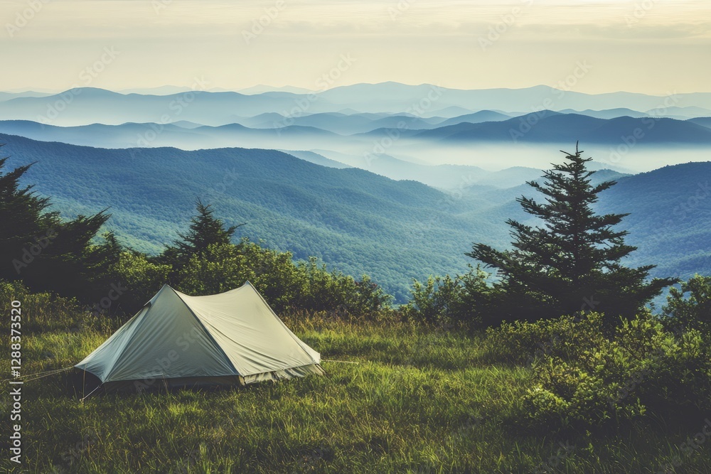 Obraz premium Tent set up on a hilltop with stunning mountain views during early morning light. Generative AI