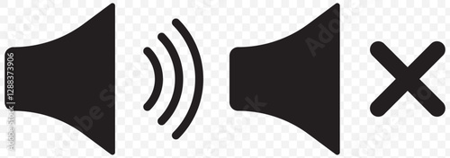 Mute speaker, sound off icon vector set collection. Volume, audio sign symbol. Speaker and mute icon set in black circles.  EPS 10.