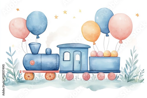 Watercolor Train Illustration with Balloons for Children's Decor and Invitation