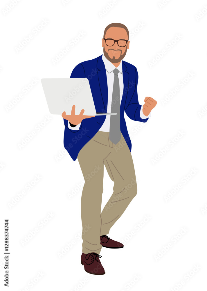 Business man working at laptop. Handsome man wearing formal office outfit standing in winning pose and holding computer. Vector realistic illustration isolated