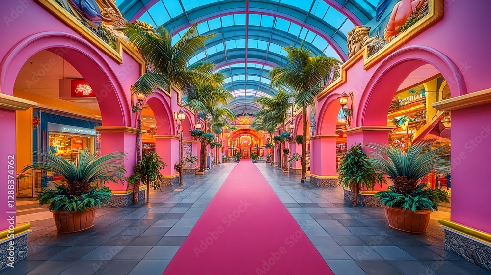 Tropical-Inspired Indoor Mall with Pink Walls and Blue Glass Ceiling Tropical-Inspired Indoor Mall with Pink Walls and Blue Glass Ceiling