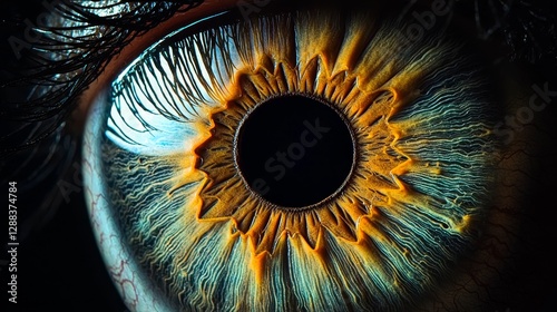 Macro View of a Human Eye, Close-up Iris Detail, Striking Blue and Orange Color Palette, eye, macro, human