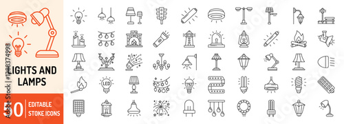 Lights and lamp collections editable stroke outline web icons set. Light, lamp, bulb, spotlight, led bulb, flashlight, street light, siren, chandelier and more... Vector illustration