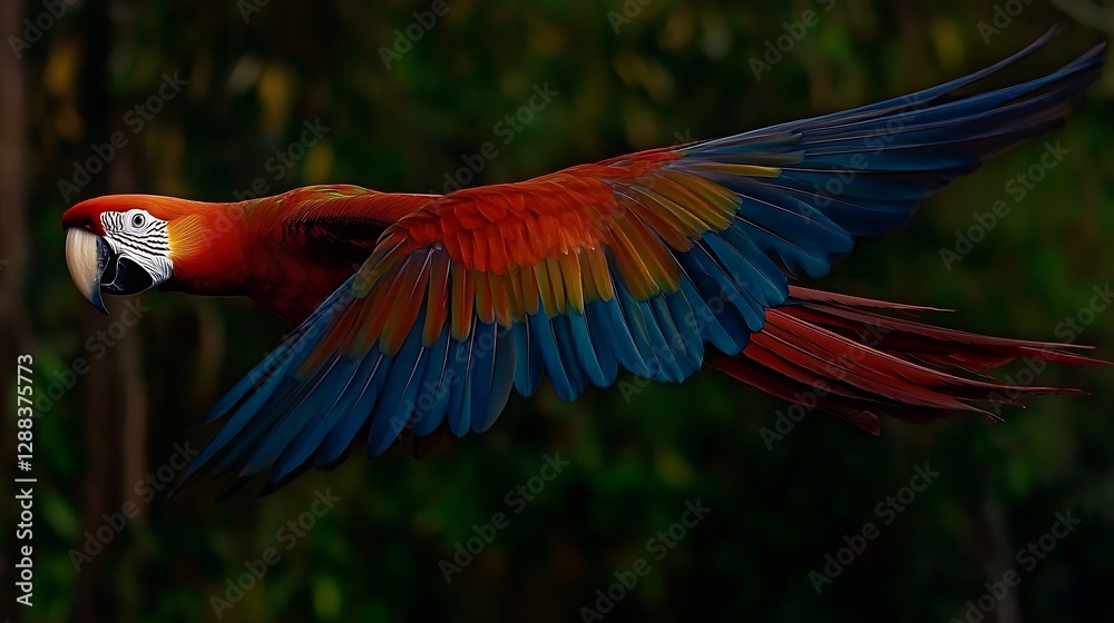 Obraz premium Scarlet macaw soars through the rainforest with vibrant plumage