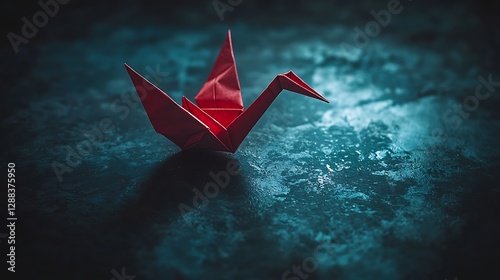 Red origami crane on dark textured surface photo