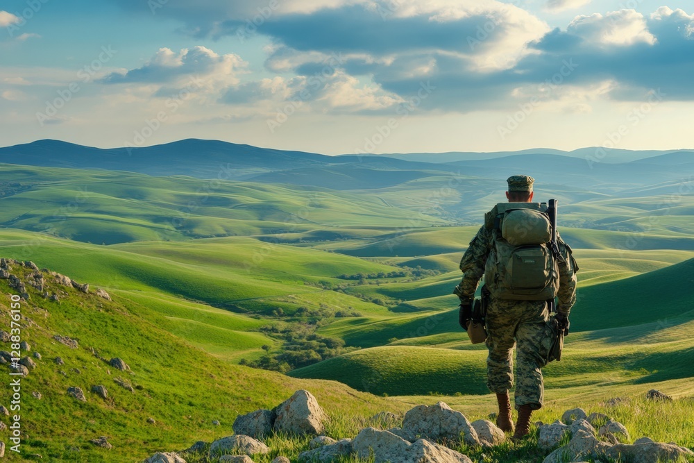 Soldier returns home to a peaceful landscape after serving in the military, embracing tranquility and nature. Generative AI
