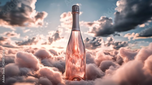 A bottle of rosé champagne floats amidst a dreamy, pink cloudscape at sunset, evoking a sense of celebration and luxury.