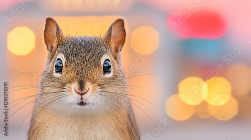 City night, cute squirrel portrait, bokeh lights