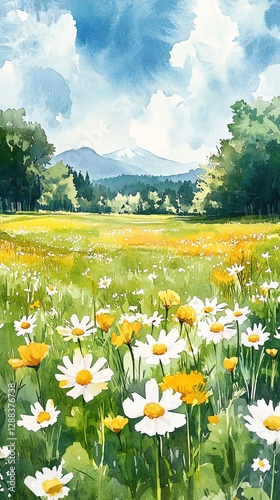 Watercolor Painting of Field with Daisies and Distant Mountains
