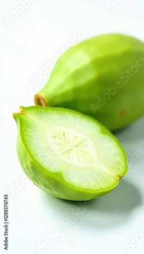 Taro sliced on white background with natural light exposure, showcasing its vibrant green color and texture, taro, green, fruit