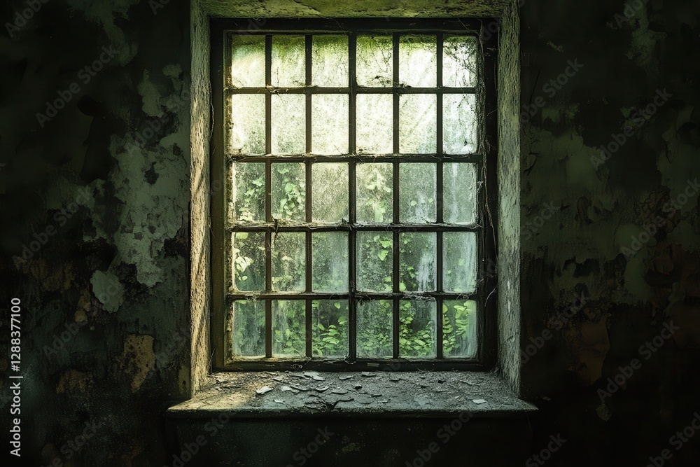 Dusty window in abandoned building, overgrown with plants. Ideal for themes of decay, mystery, and forgotten places. Dusty window in abandoned building, overgrown with plants. Ideal for themes of decay, mystery, and forgotten places.