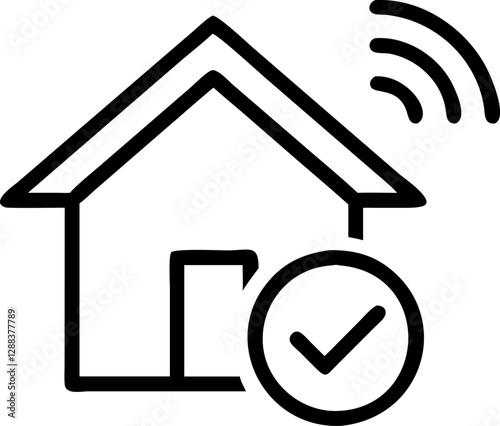 Minimalist Smart Home Checkmark Icon – Retro Vintage Lined Vector Illustration | Modern Automation Symbol for Secure Living, Technology, Home Safety & IoT Connectivity