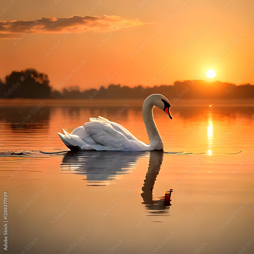 Fototapeta premium Swan – A graceful swan gliding on a golden sunset lake, Generative AI