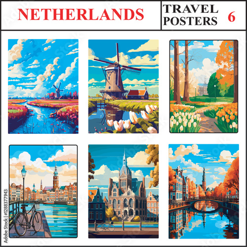 Netherlands Lisse Kinderdijk Vondelpark Travel Poster Wall Art Print Collection Set Part 6